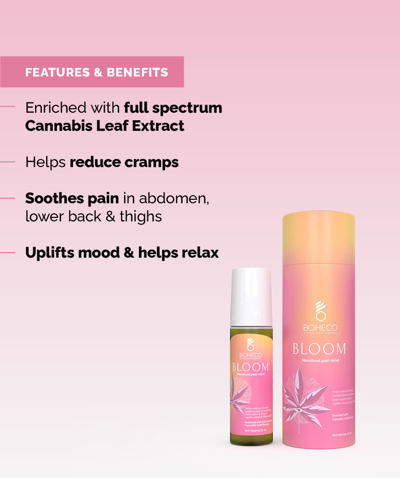 BLOOM Roll-On Features & Benefits - Helps Reduce Menstrual Cramps, Soothes Pain In Abdomen, Lower Back & Thighs
