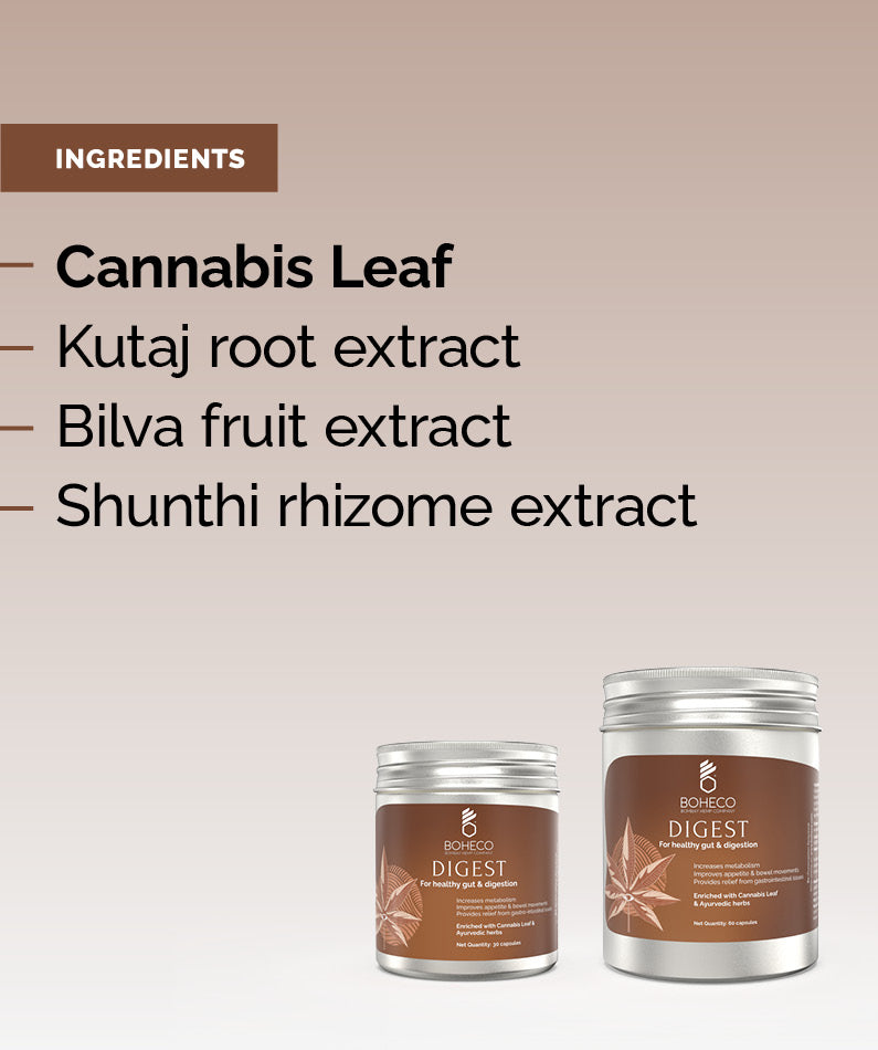 BOHECO's DIGEST Ingredients - Cannabis Leaf, Kutaj root extract, Bilva fruit extract, Shunthi rhizome extract