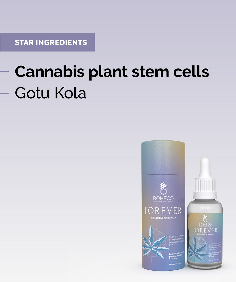 BOHECO's FOREVER Restorative Face Serum Star Ingredients - Cannabis Plant Stem Cells & Gotu Kola